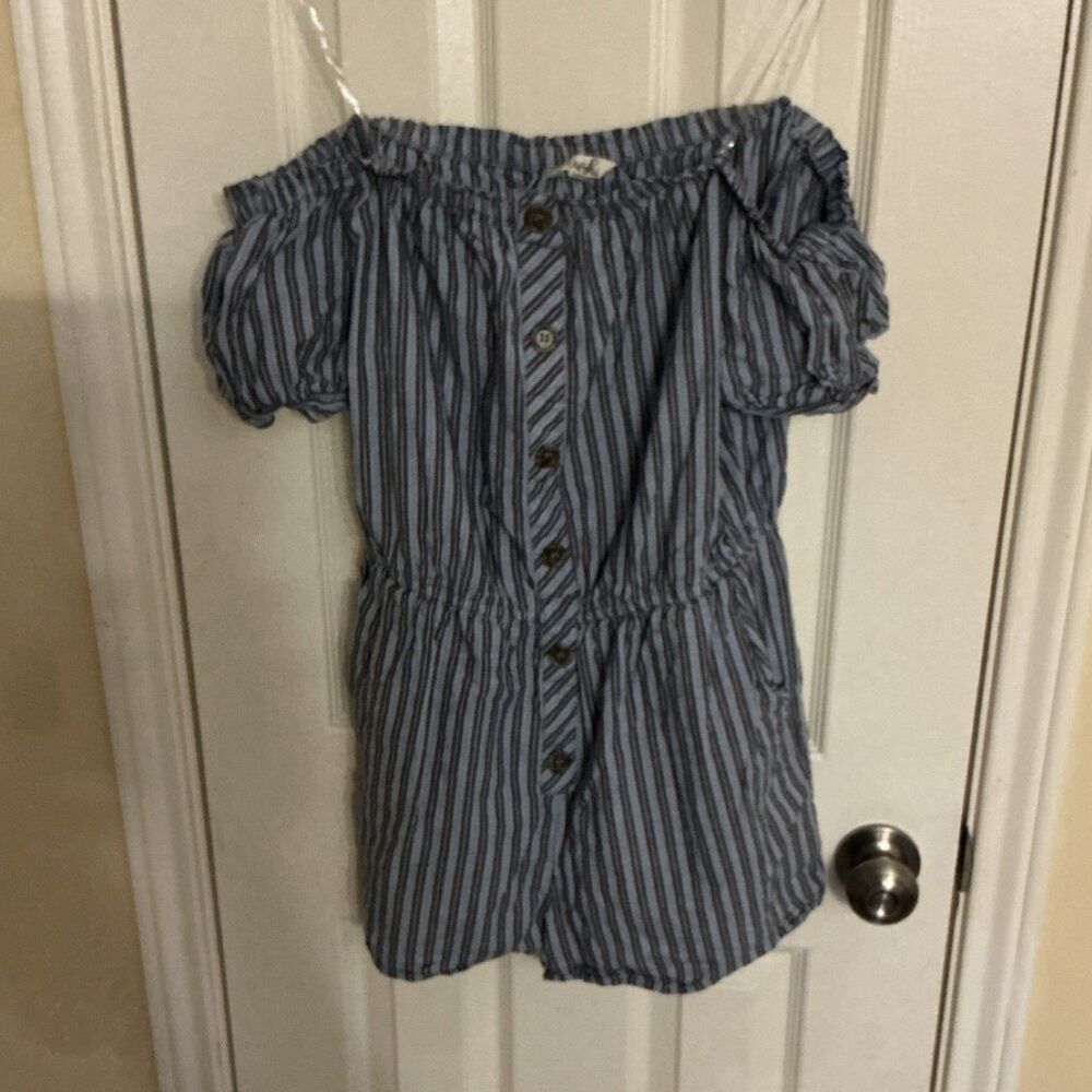 Blush Striped Off-the-Shoulder Button Romper Blue Size L Puff Sleeve